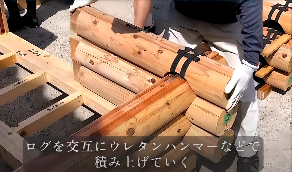 ログ材を交互に積み上げる